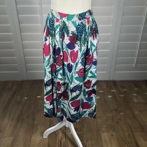 Vtg 80s Rhubarb Rayon Skirt 36 M/L Bright Floral Tulips Career Church Goldberg's